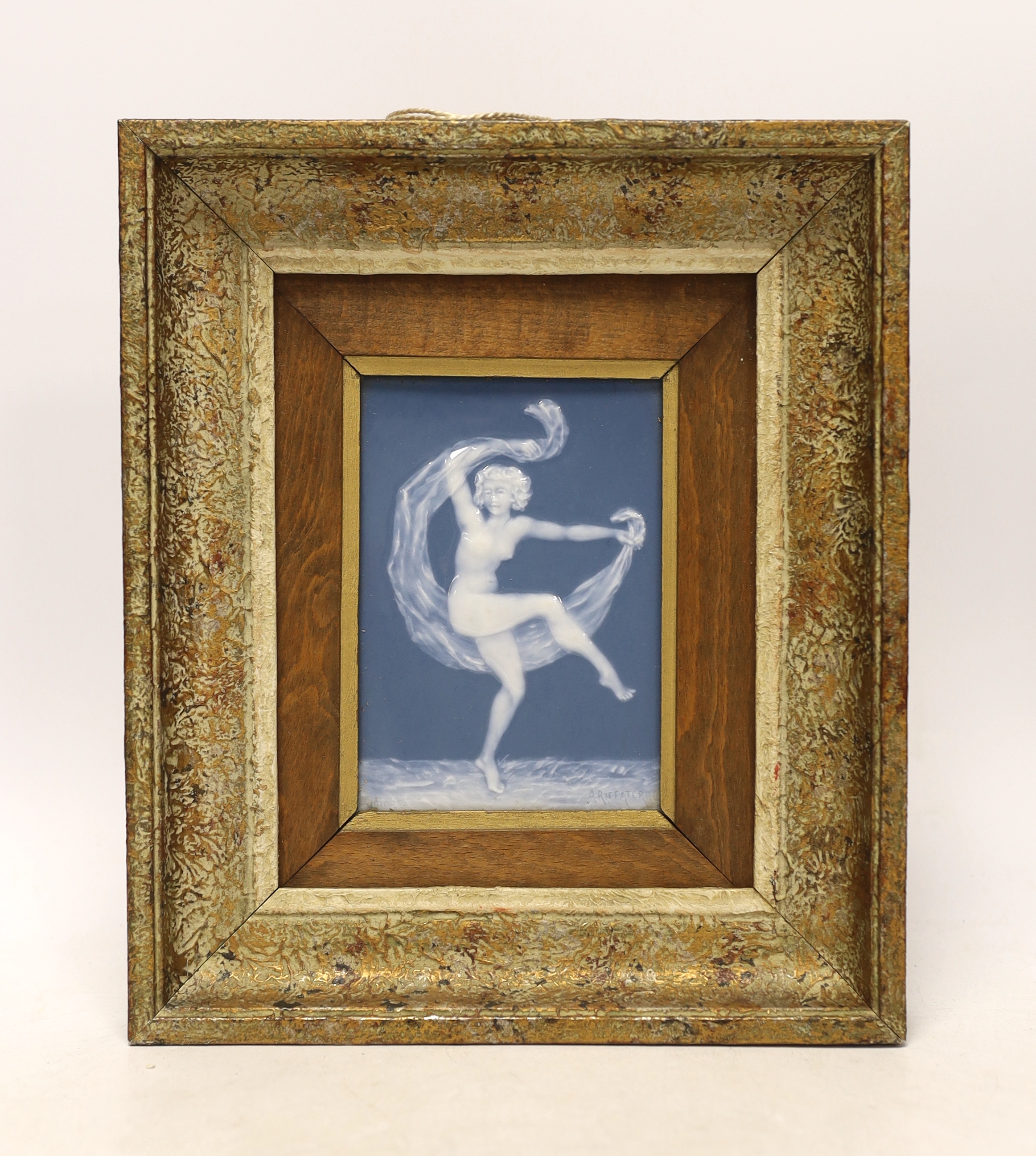 A framed Limoges porcelain pate-sur-pate plaque, signed A. Riffaterre, 27x23cm total